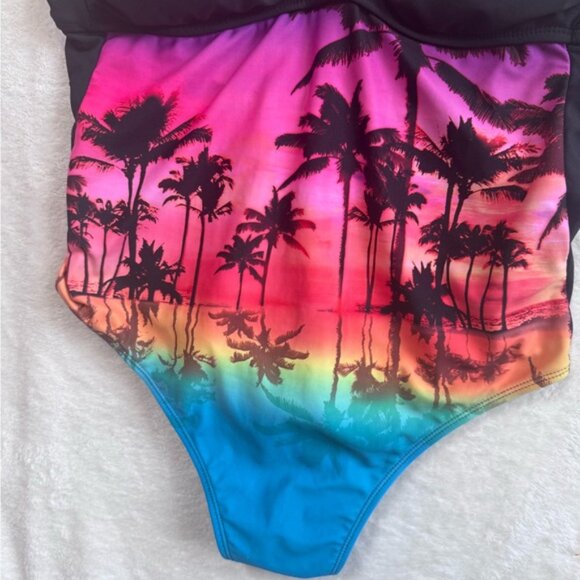 Ocean Pacific OP Vintage Palm Trees Beach Print Neon Halter Pads Bra Swim Suit L - Picture 9 of 16